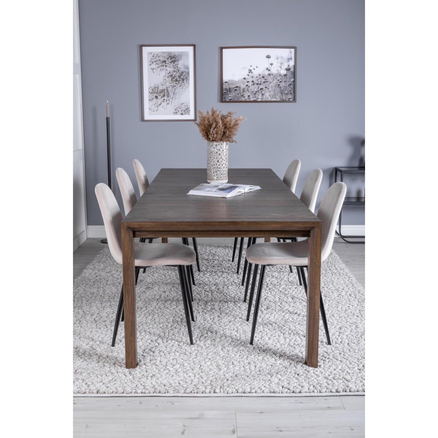 VENTURE DESIGN Slider spisebordsett, m. 6 stoler - rkt eikefiner/eik og beige stoff/svart metall