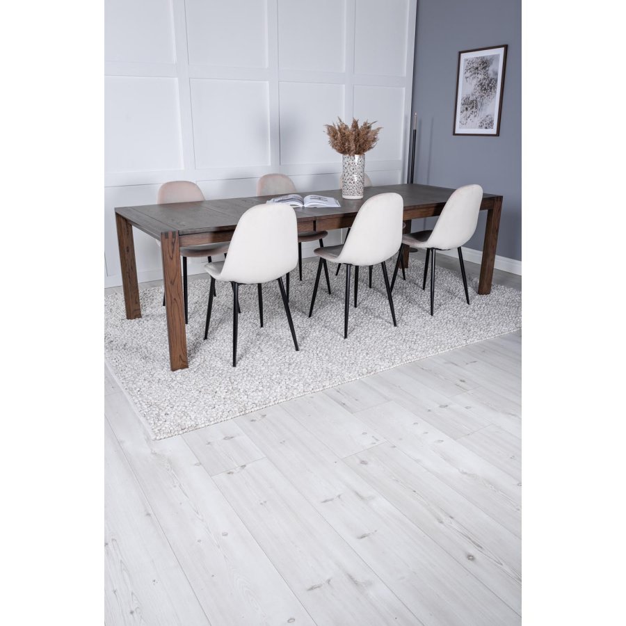 VENTURE DESIGN Slider spisebordsett, m. 6 stoler - rkt eikefiner/eik og beige stoff/svart metall