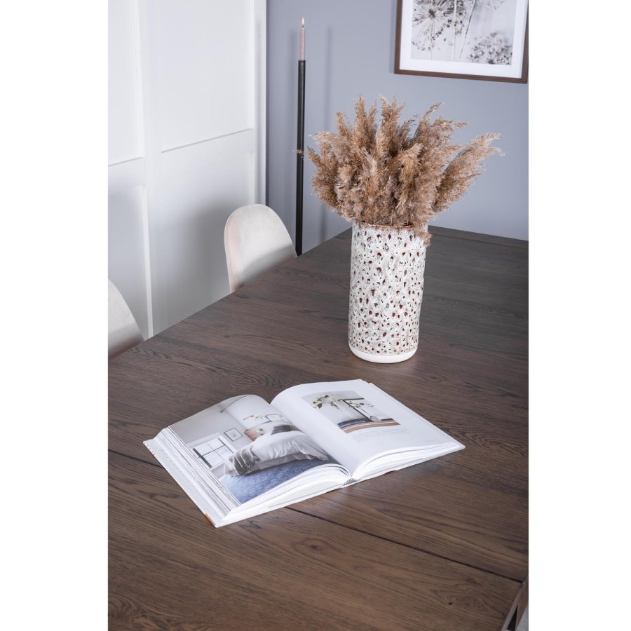 VENTURE DESIGN Slider spisebordsett, m. 6 stoler - rkt eikefiner/eik og beige stoff/svart metall