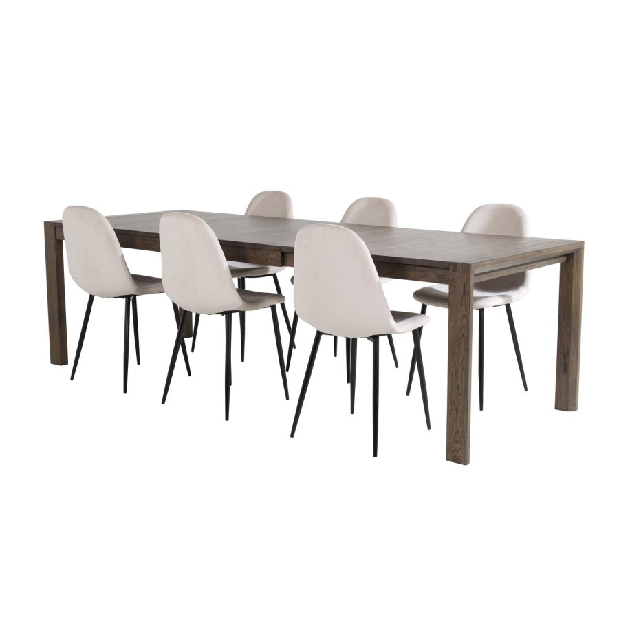 VENTURE DESIGN Slider spisebordsett, m. 6 stoler - rkt eikefiner/eik og beige stoff/svart metall