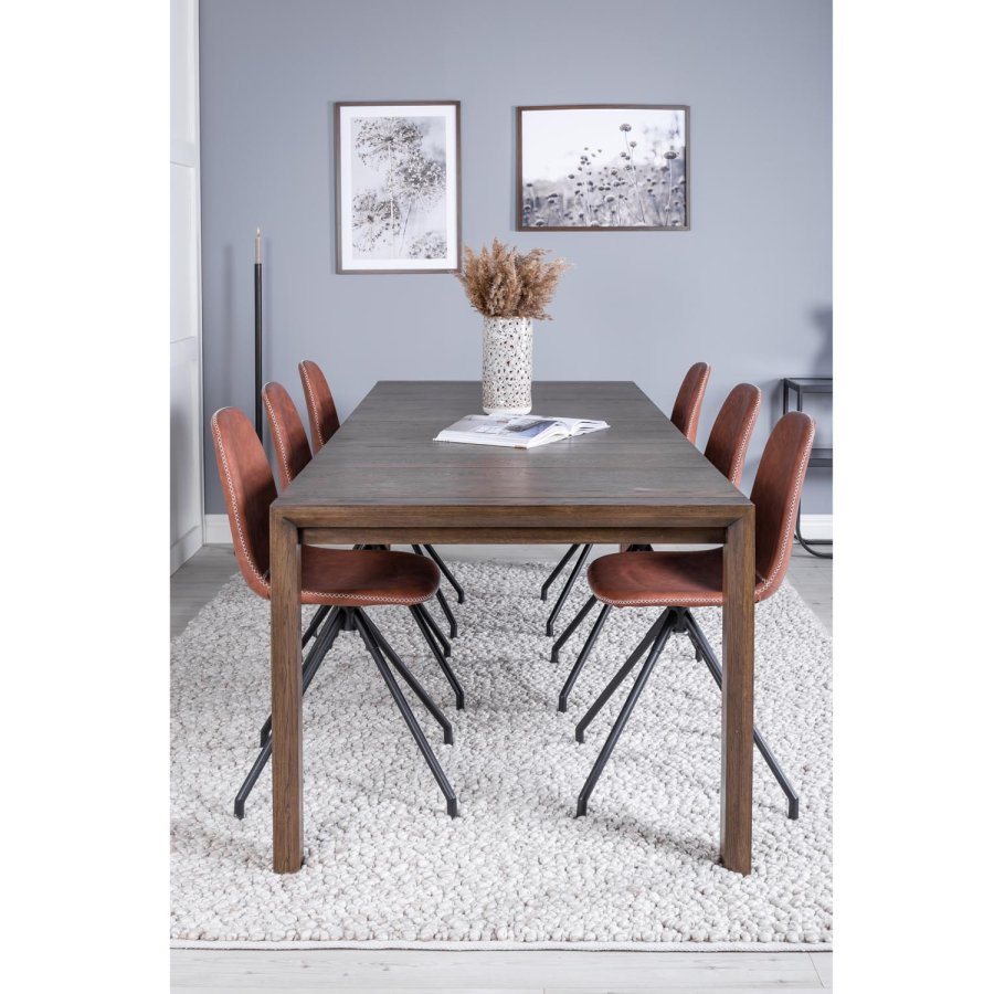 VENTURE DESIGN Slider spisebordsett, m. 6 stoler - rkt eikefiner/eik og brunt PU/sort metall