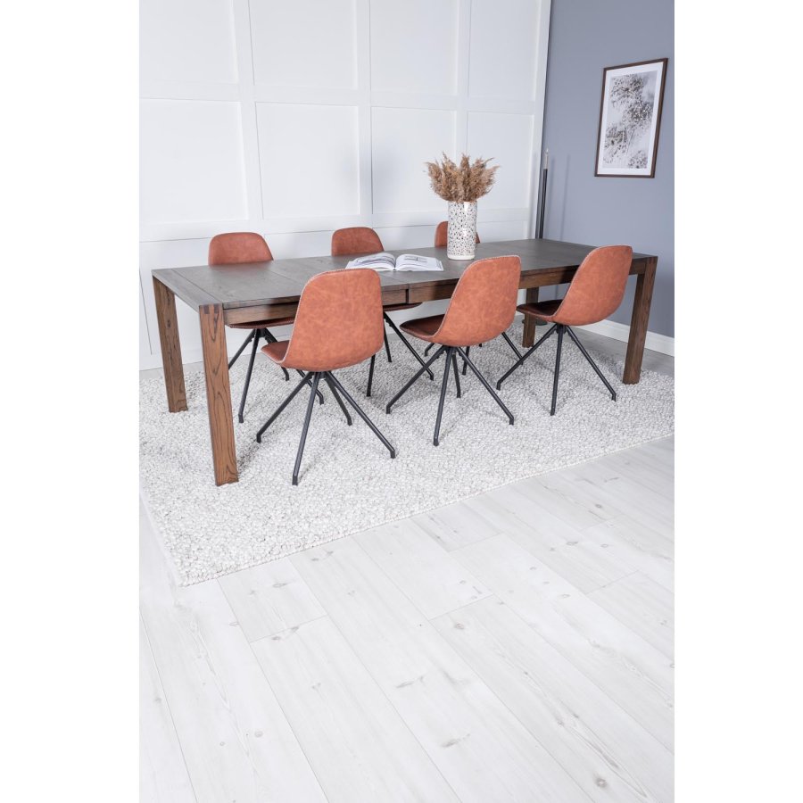 VENTURE DESIGN Slider spisebordsett, m. 6 stoler - rkt eikefiner/eik og brunt PU/sort metall