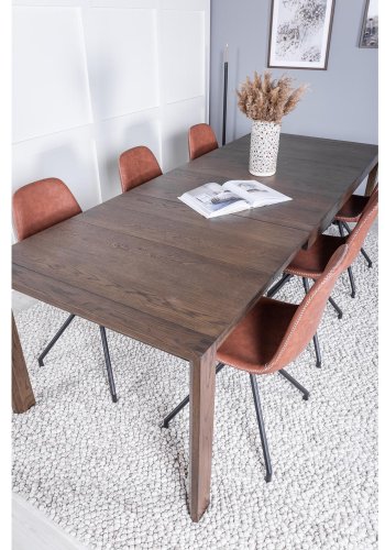 VENTURE DESIGN Slider spisebordsett, m. 6 stoler - rkt eikefiner/eik og brunt PU/sort metall