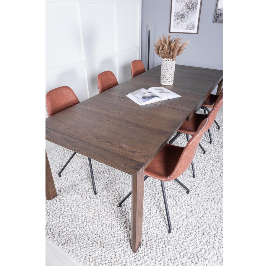 VENTURE DESIGN Slider spisebordsett, m. 6 stoler - rkt eikefiner/eik og brunt PU/sort metall