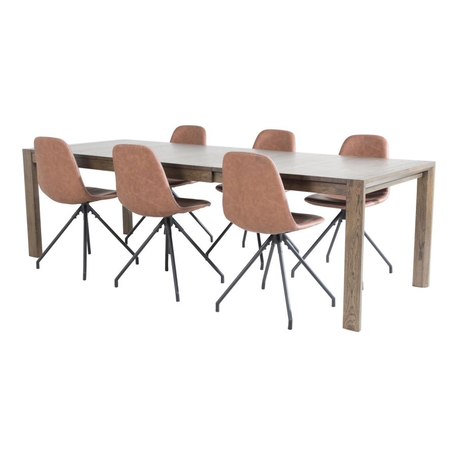 VENTURE DESIGN Slider spisebordsett, m. 6 stoler - rkt eikefiner/eik og brunt PU/sort metall