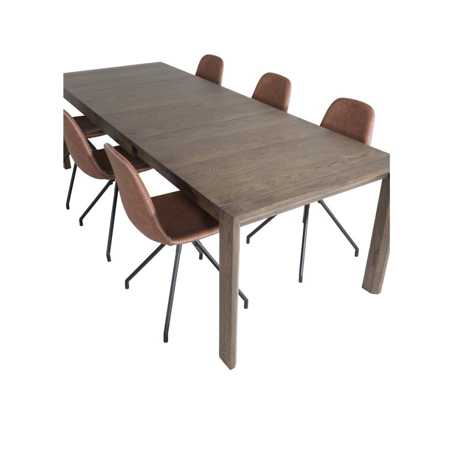 VENTURE DESIGN Slider spisebordsett, m. 6 stoler - rkt eikefiner/eik og brunt PU/sort metall