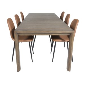 VENTURE DESIGN Slider Matbordsset, med 6 Stolar - Rökt Ekfanér / Ek och Brun PU / Svart Metall