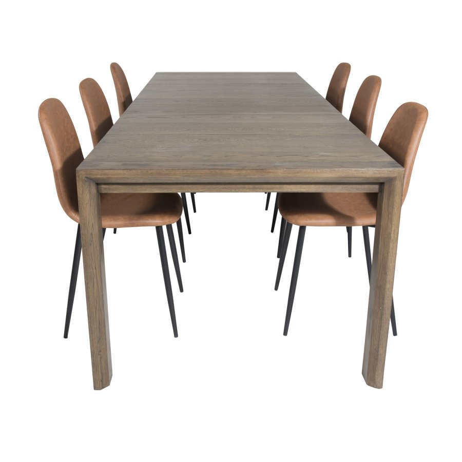 VENTURE DESIGN Slider spisebordsett, m. 6 stoler - rkt eikefiner/eik og brunt PU/sort metall