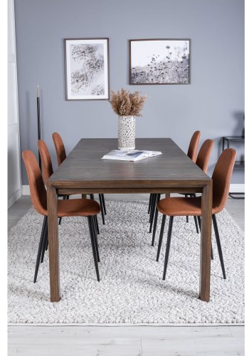 VENTURE DESIGN Slider spisebordsett, m. 6 stoler - rkt eikefiner/eik og brunt PU/sort metall