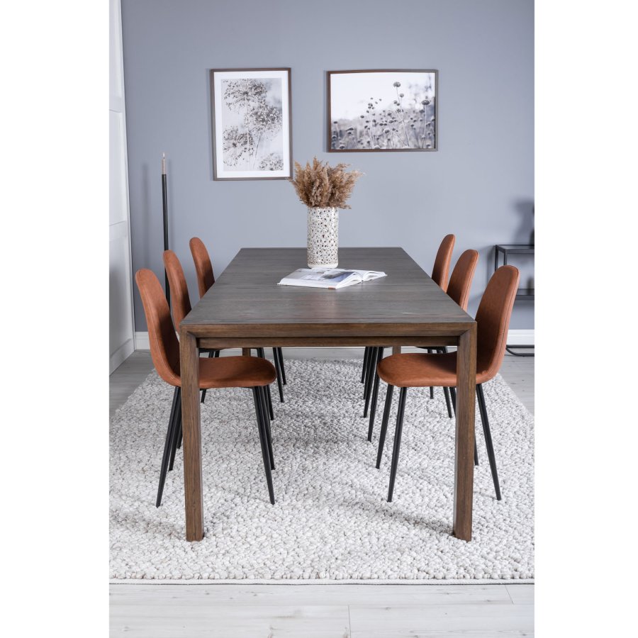 VENTURE DESIGN Slider spisebordsett, m. 6 stoler - rkt eikefiner/eik og brunt PU/sort metall