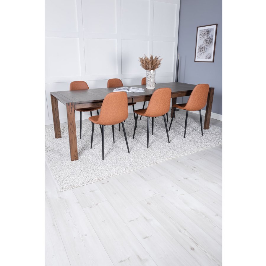 VENTURE DESIGN Slider spisebordsett, m. 6 stoler - rkt eikefiner/eik og brunt PU/sort metall