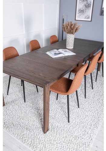 VENTURE DESIGN Slider spisebordsett, m. 6 stoler - rkt eikefiner/eik og brunt PU/sort metall