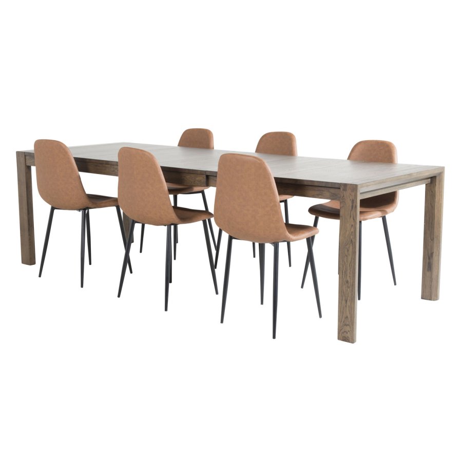 VENTURE DESIGN Slider spisebordsett, m. 6 stoler - rkt eikefiner/eik og brunt PU/sort metall