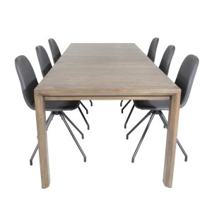VENTURE DESIGN Slider Matbordsset, med 6 Stolar - Rökt Ekfanér / Ek och Svart PU / Svart Metall