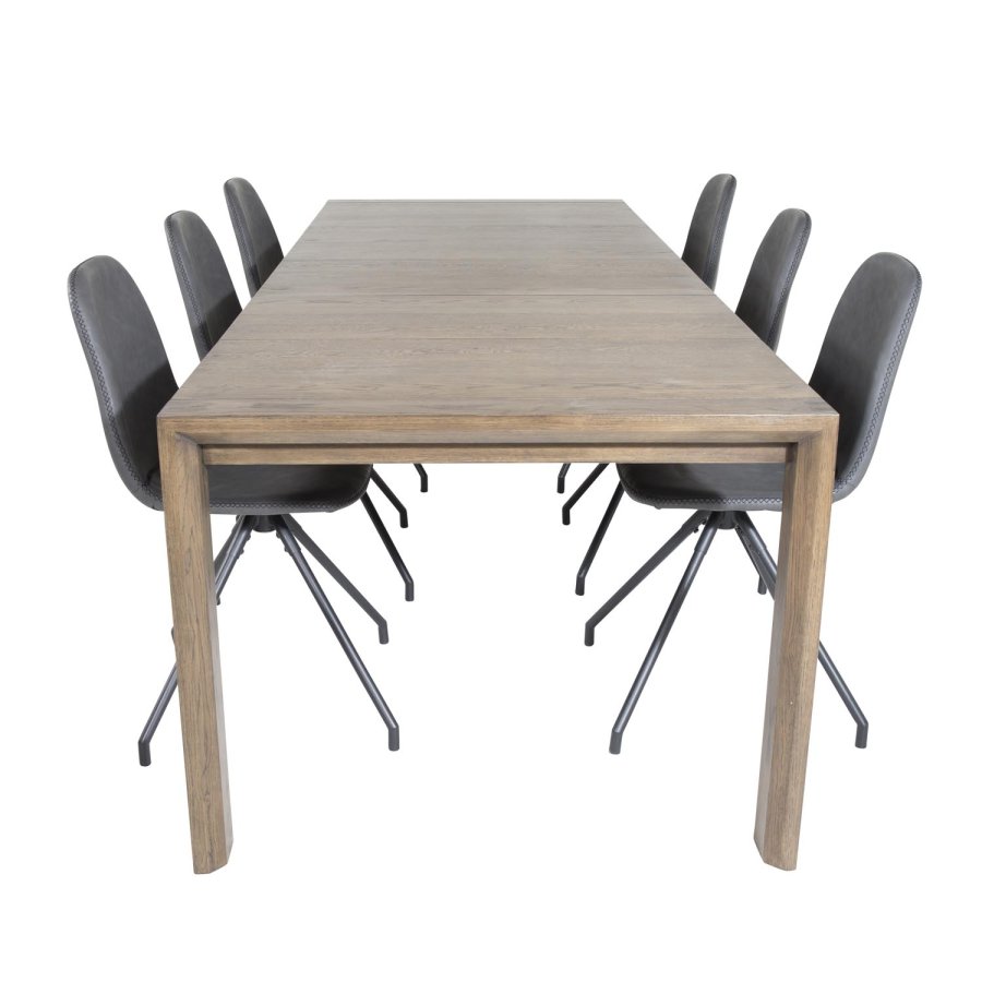 VENTURE DESIGN Slider spisebordsett, m. 6 stoler - rkt eikefiner/eik og sort PU/svart metall