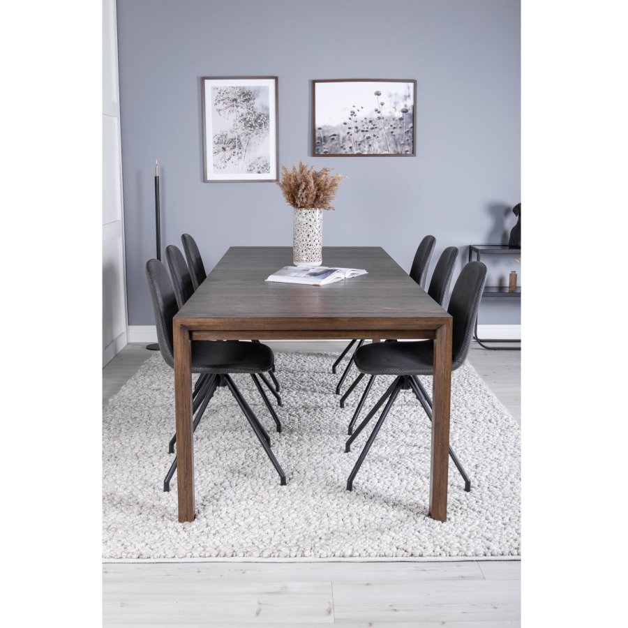 VENTURE DESIGN Slider spisebordsett, m. 6 stoler - rkt eikefiner/eik og sort PU/svart metall