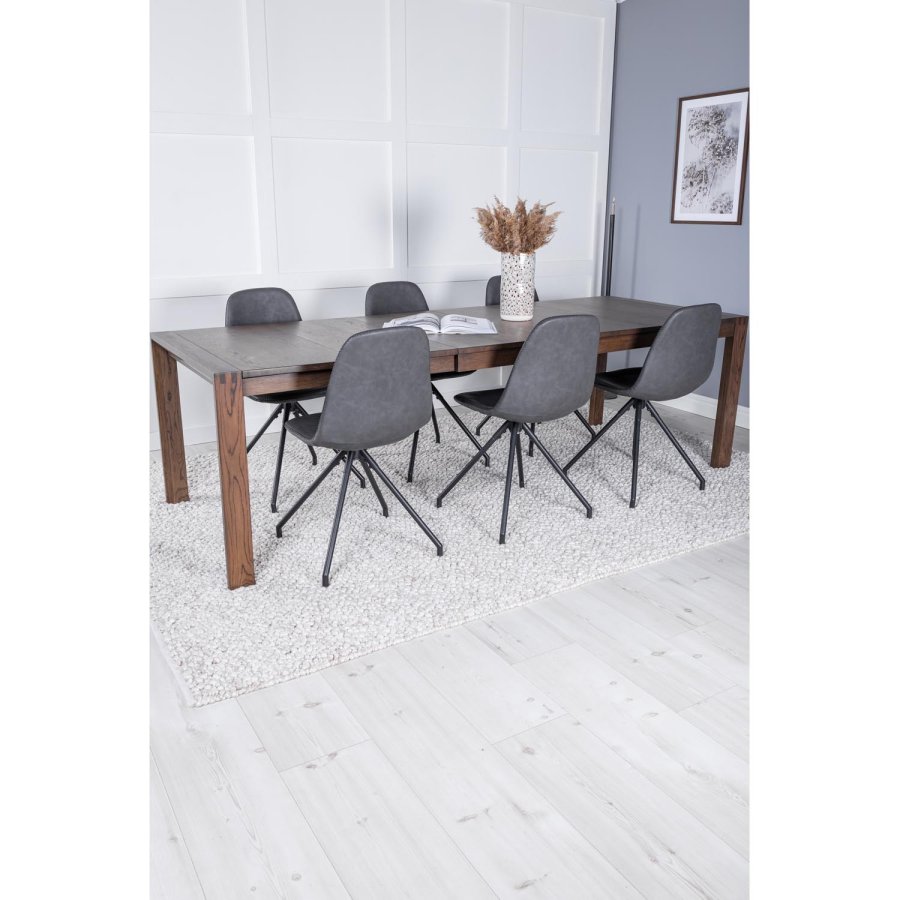 VENTURE DESIGN Slider spisebordsett, m. 6 stoler - rkt eikefiner/eik og sort PU/svart metall