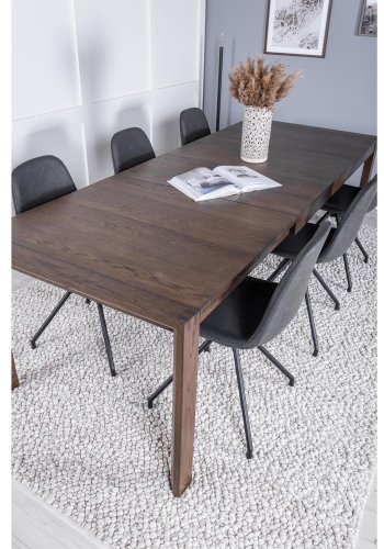 VENTURE DESIGN Slider spisebordsett, m. 6 stoler - rkt eikefiner/eik og sort PU/svart metall