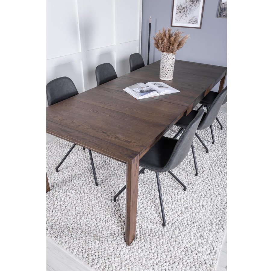 VENTURE DESIGN Slider spisebordsett, m. 6 stoler - rkt eikefiner/eik og sort PU/svart metall