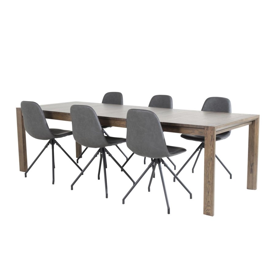 VENTURE DESIGN Slider spisebordsett, m. 6 stoler - rkt eikefiner/eik og sort PU/svart metall