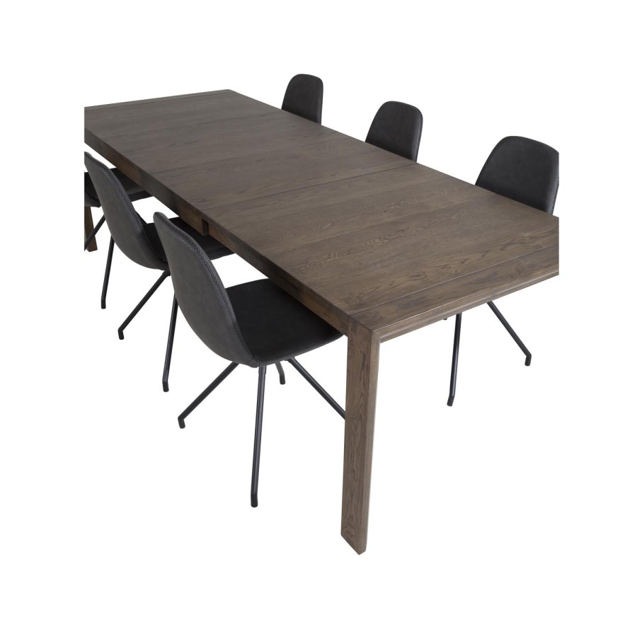 VENTURE DESIGN Slider spisebordsett, m. 6 stoler - rkt eikefiner/eik og sort PU/svart metall