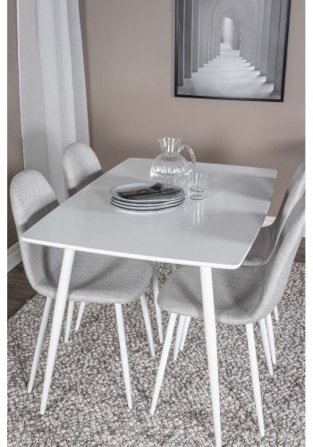 VENTURE DESIGN Polar spisebordsett, m. 4 stoler - hvit MDF/hvit metall og lys gr polyester/hvit metall