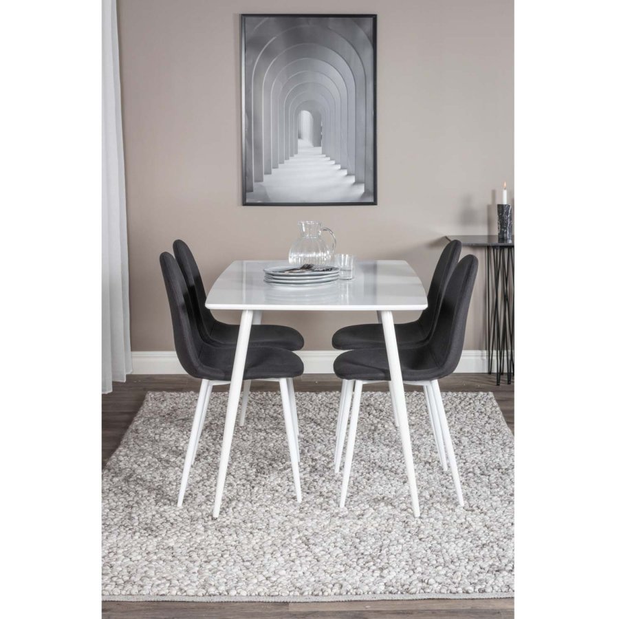 VENTURE DESIGN Polar spisebordsett, m. 4 stoler - hvit MDF/hvit metall og sort polyester/hvit metall