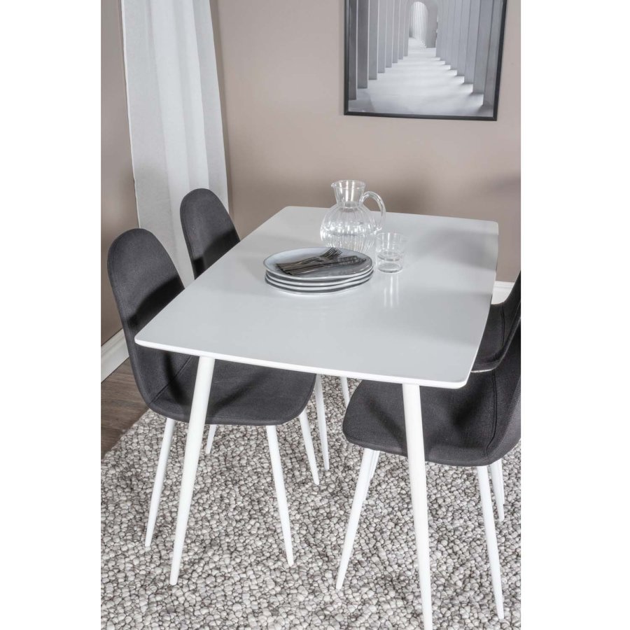 VENTURE DESIGN Polar spisebordsett, m. 4 stoler - hvit MDF/hvit metall og sort polyester/hvit metall