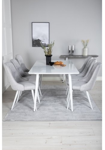 VENTURE DESIGN Polar spisebordsett, m. 6 stoler - hvit MDF/hvit metall, lys gr stoff/hvit metall