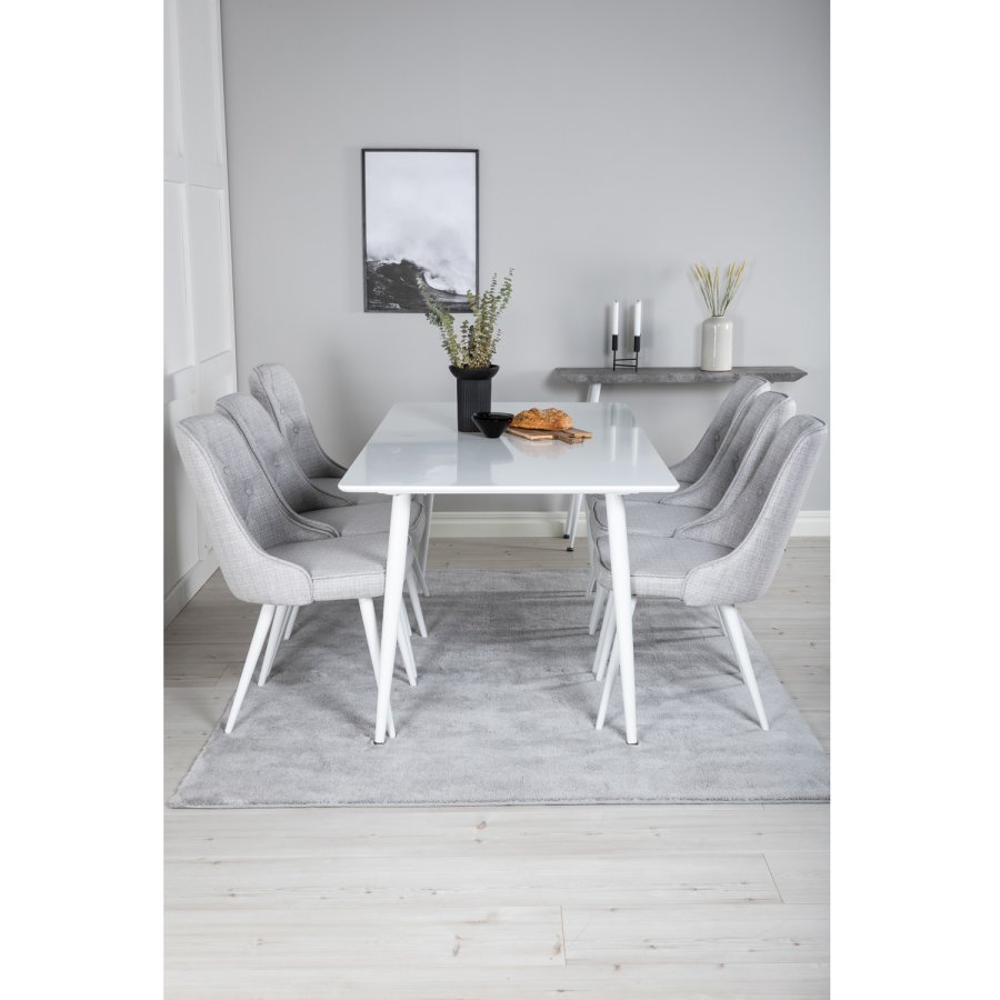 VENTURE DESIGN Polar spisebordsett, m. 6 stoler - hvit MDF/hvit metall, lys gr stoff/hvit metall