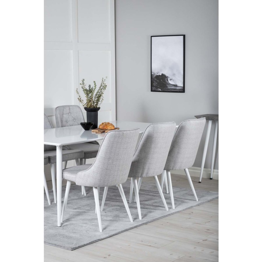 VENTURE DESIGN Polar spisebordsett, m. 6 stoler - hvit MDF/hvit metall, lys gr stoff/hvit metall