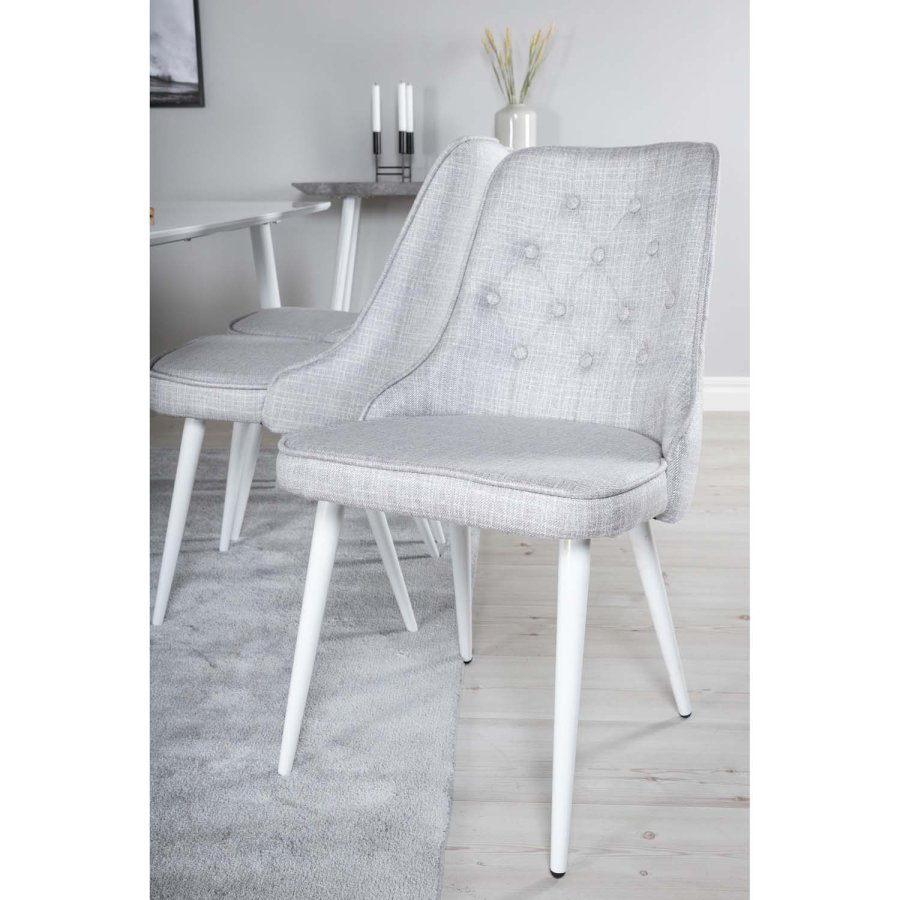 VENTURE DESIGN Polar spisebordsett, m. 6 stoler - hvit MDF/hvit metall, lys gr stoff/hvit metall