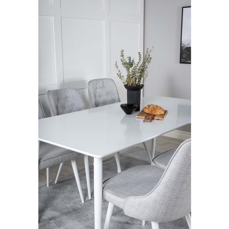 VENTURE DESIGN Polar spisebordsett, m. 6 stoler - hvit MDF/hvit metall, lys gr stoff/hvit metall