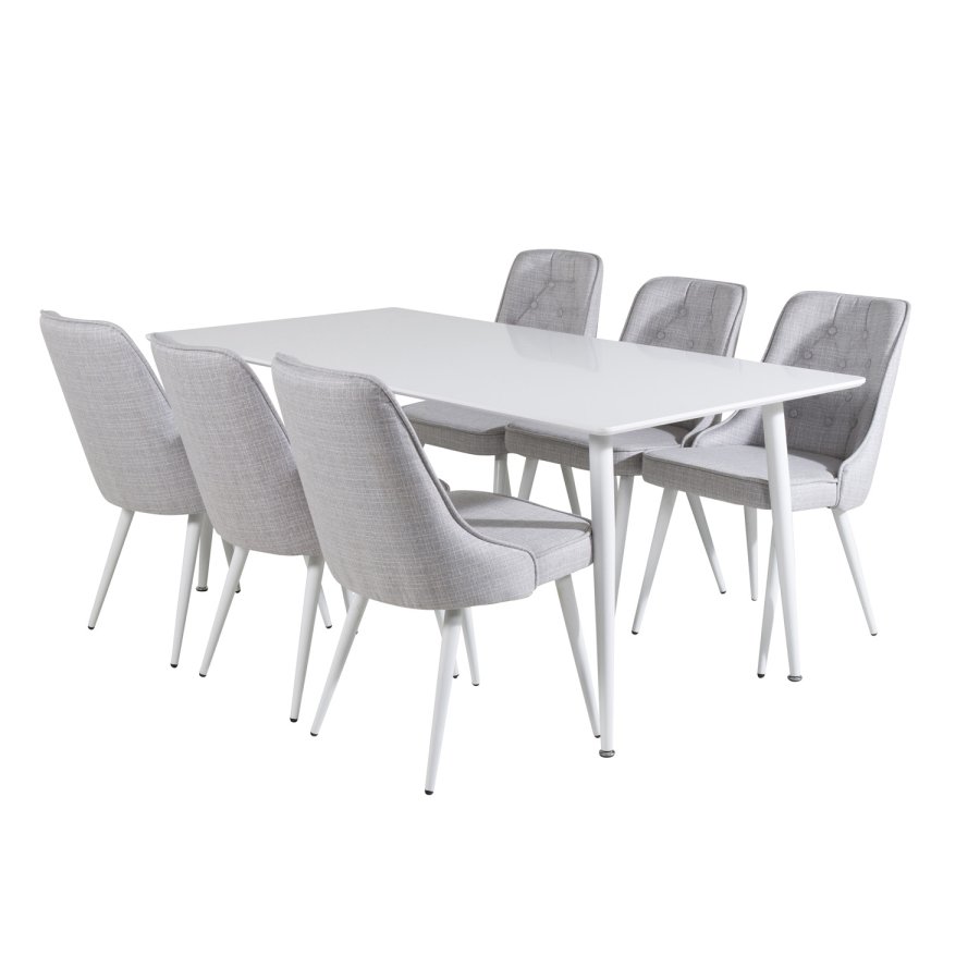VENTURE DESIGN Polar spisebordsett, m. 6 stoler - hvit MDF/hvit metall, lys gr stoff/hvit metall