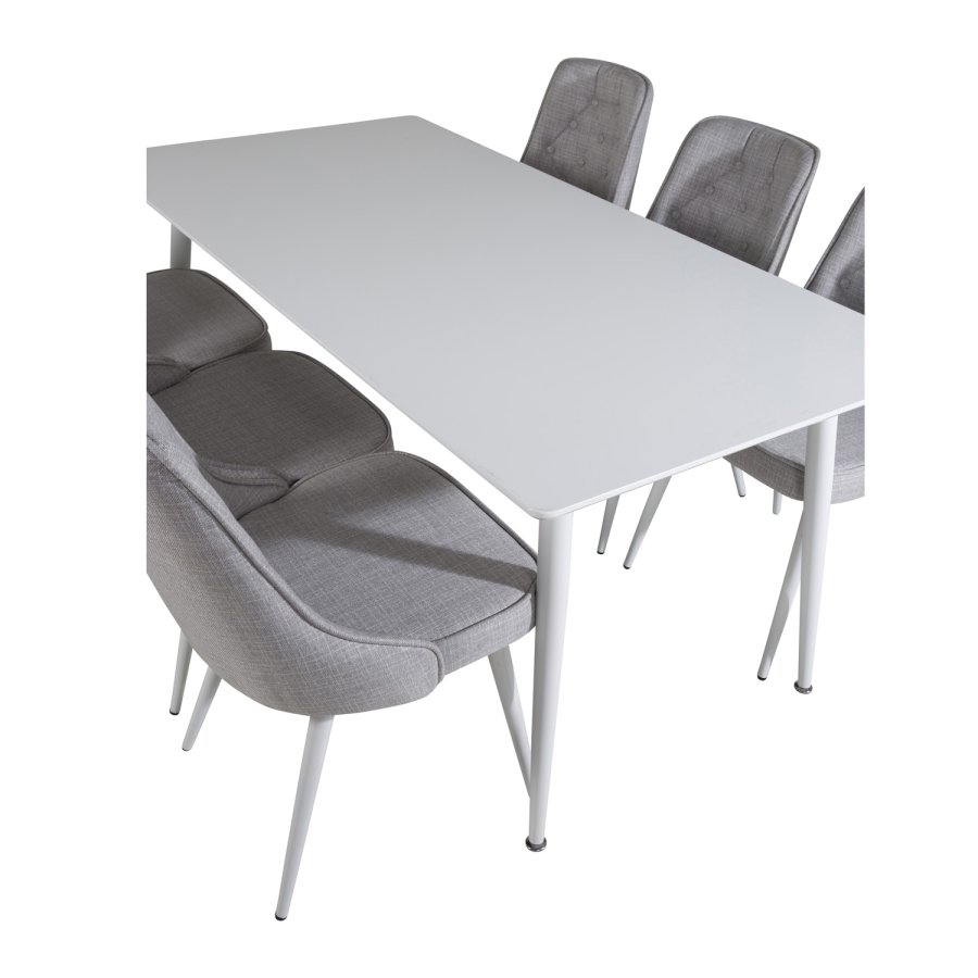 VENTURE DESIGN Polar spisebordsett, m. 6 stoler - hvit MDF/hvit metall, lys gr stoff/hvit metall