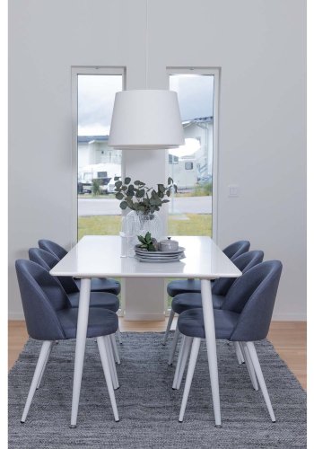 VENTURE DESIGN Polar spisebordsett, m. 6 stoler - hvit MDF/hvit metall, bltt stoff/hvit metall