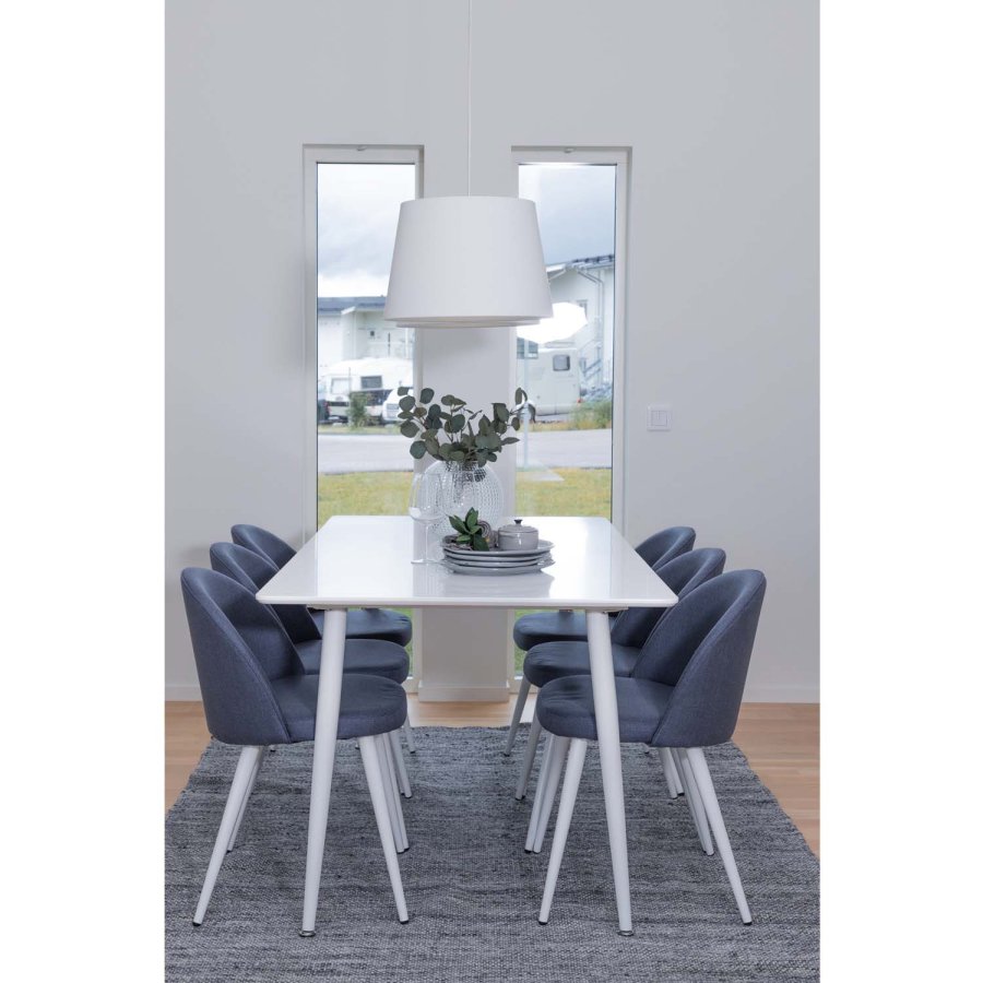 VENTURE DESIGN Polar spisebordsett, m. 6 stoler - hvit MDF/hvit metall, bltt stoff/hvit metall