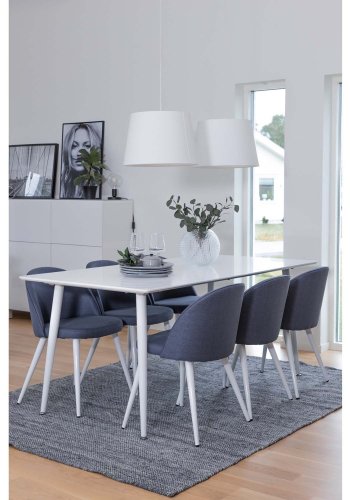 VENTURE DESIGN Polar spisebordsett, m. 6 stoler - hvit MDF/hvit metall, bltt stoff/hvit metall