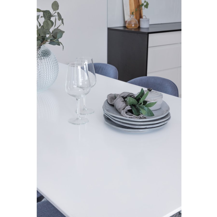 VENTURE DESIGN Polar spisebordsett, m. 6 stoler - hvit MDF/hvit metall, bltt stoff/hvit metall
