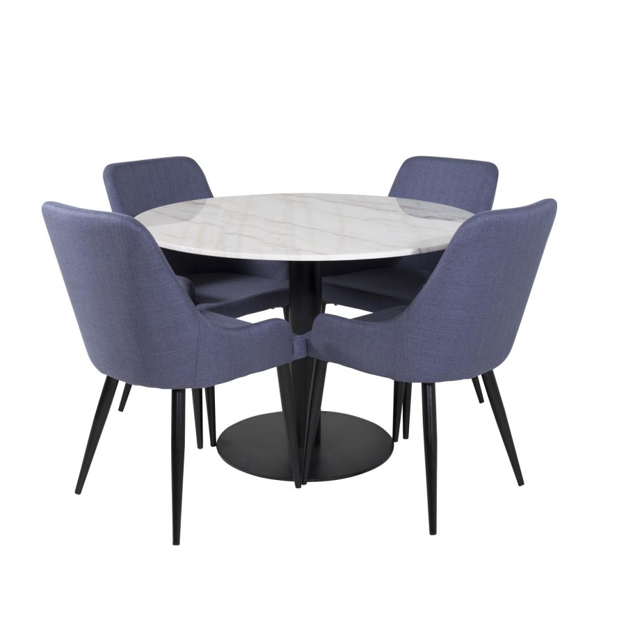 VENTURE DESIGN Estelle Esstisch-Set, mit 4 St&uuml;hlen &ndash; wei&szlig;er Marmor/schwarzes Metall und blauer Stoff/schwarzes Metall