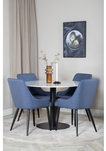 VENTURE DESIGN Estelle Esstisch-Set, mit 4 St&uuml;hlen &ndash; wei&szlig;er Marmor/schwarzes Metall und blauer Stoff/schwarzes Metall