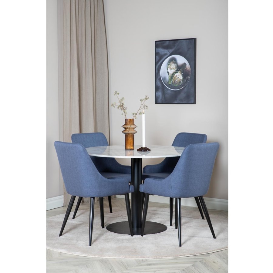 VENTURE DESIGN Estelle Esstisch-Set, mit 4 St&uuml;hlen &ndash; wei&szlig;er Marmor/schwarzes Metall und blauer Stoff/schwarzes Metall