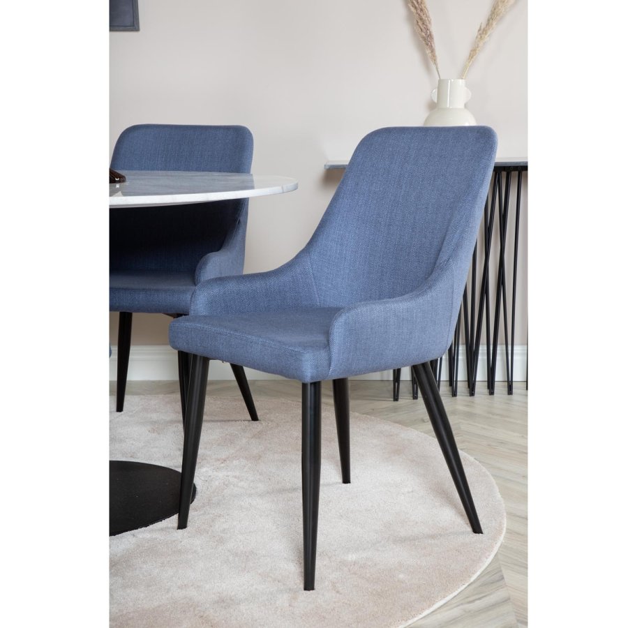 VENTURE DESIGN Estelle Esstisch-Set, mit 4 St&uuml;hlen &ndash; wei&szlig;er Marmor/schwarzes Metall und blauer Stoff/schwarzes Metall