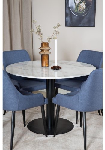 VENTURE DESIGN Estelle Esstisch-Set, mit 4 St&uuml;hlen &ndash; wei&szlig;er Marmor/schwarzes Metall und blauer Stoff/schwarzes Metall