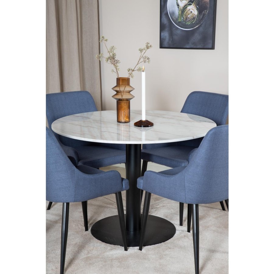 VENTURE DESIGN Estelle Esstisch-Set, mit 4 St&uuml;hlen &ndash; wei&szlig;er Marmor/schwarzes Metall und blauer Stoff/schwarzes Metall