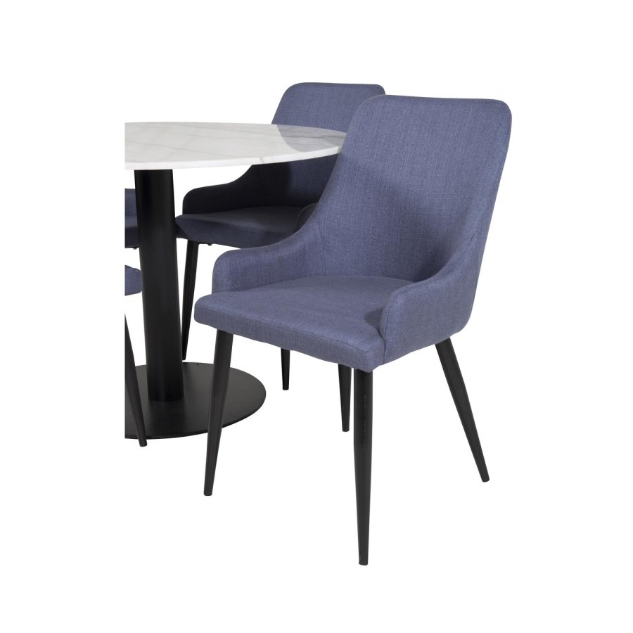 VENTURE DESIGN Estelle Esstisch-Set, mit 4 St&uuml;hlen &ndash; wei&szlig;er Marmor/schwarzes Metall und blauer Stoff/schwarzes Metall