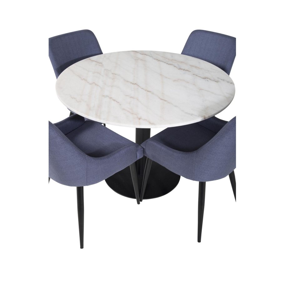 VENTURE DESIGN Estelle Esstisch-Set, mit 4 St&uuml;hlen &ndash; wei&szlig;er Marmor/schwarzes Metall und blauer Stoff/schwarzes Metall