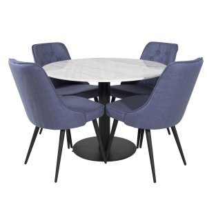 VENTURE DESIGN Estelle Esstisch-Set, mit 4 St&uuml;hlen &ndash; wei&szlig;er Marmor/schwarzes Metall und blauer Stoff/schwarzes Metall