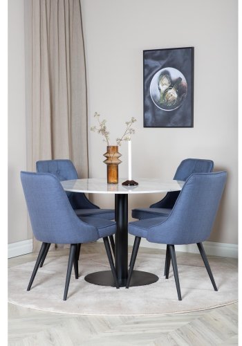 VENTURE DESIGN Estelle Esstisch-Set, mit 4 St&uuml;hlen &ndash; wei&szlig;er Marmor/schwarzes Metall und blauer Stoff/schwarzes Metall