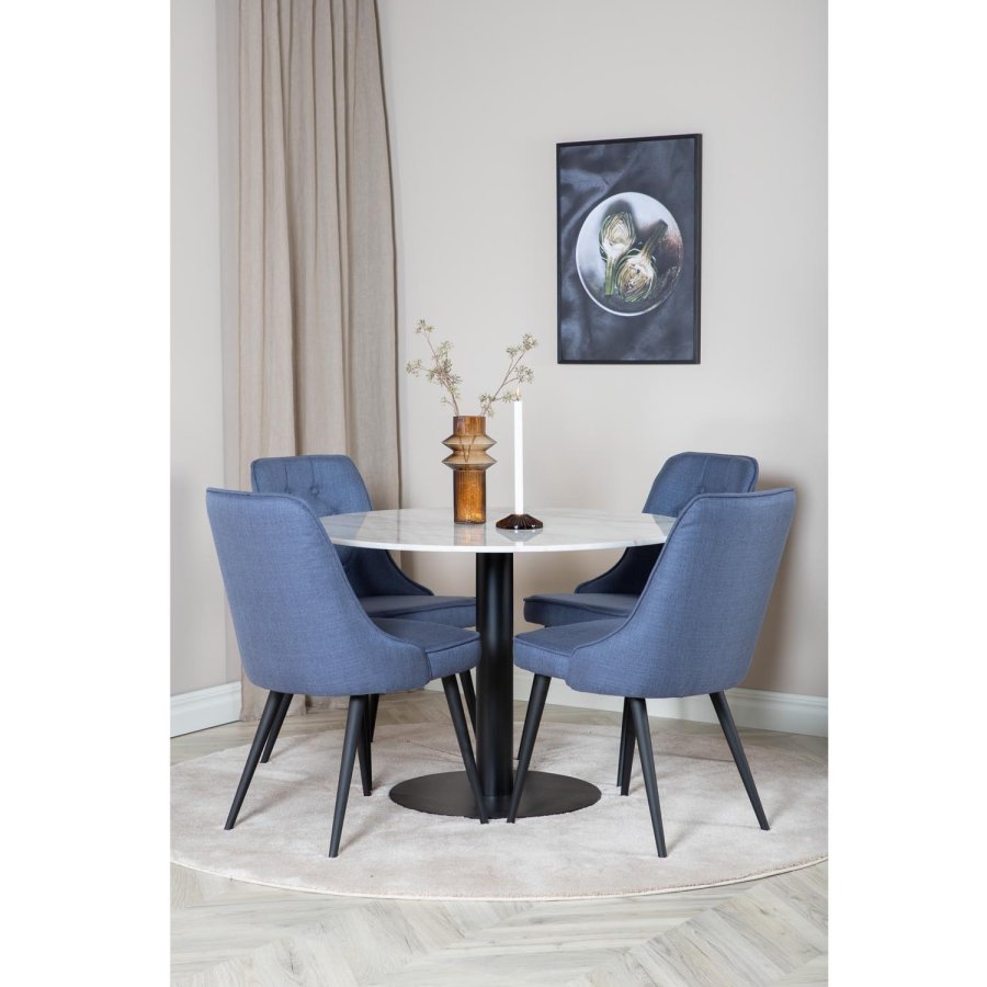 VENTURE DESIGN Estelle Esstisch-Set, mit 4 St&uuml;hlen &ndash; wei&szlig;er Marmor/schwarzes Metall und blauer Stoff/schwarzes Metall